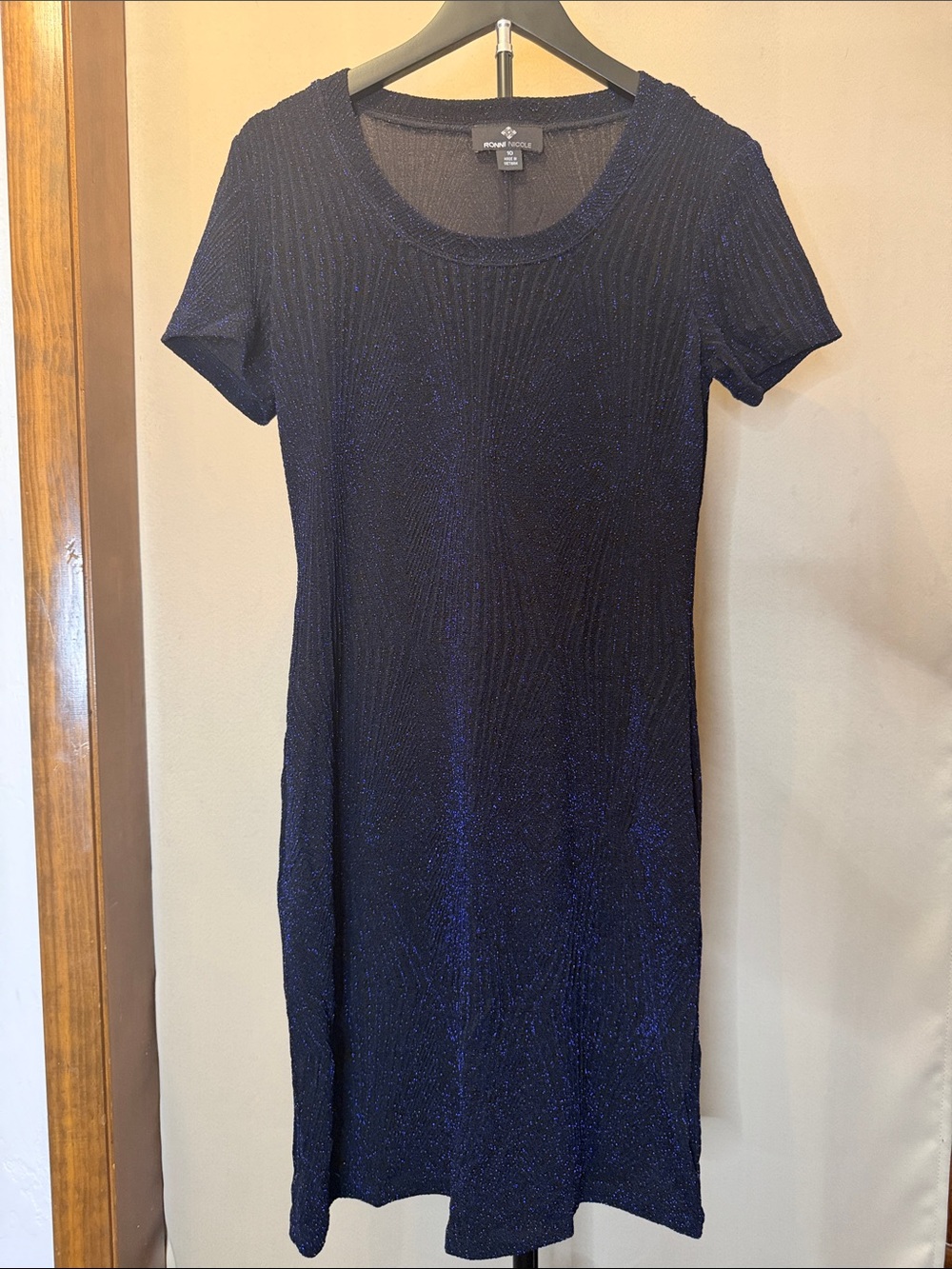 Ronni Nicole Navy Blue Metallic Short-Sleeve Midi Dress